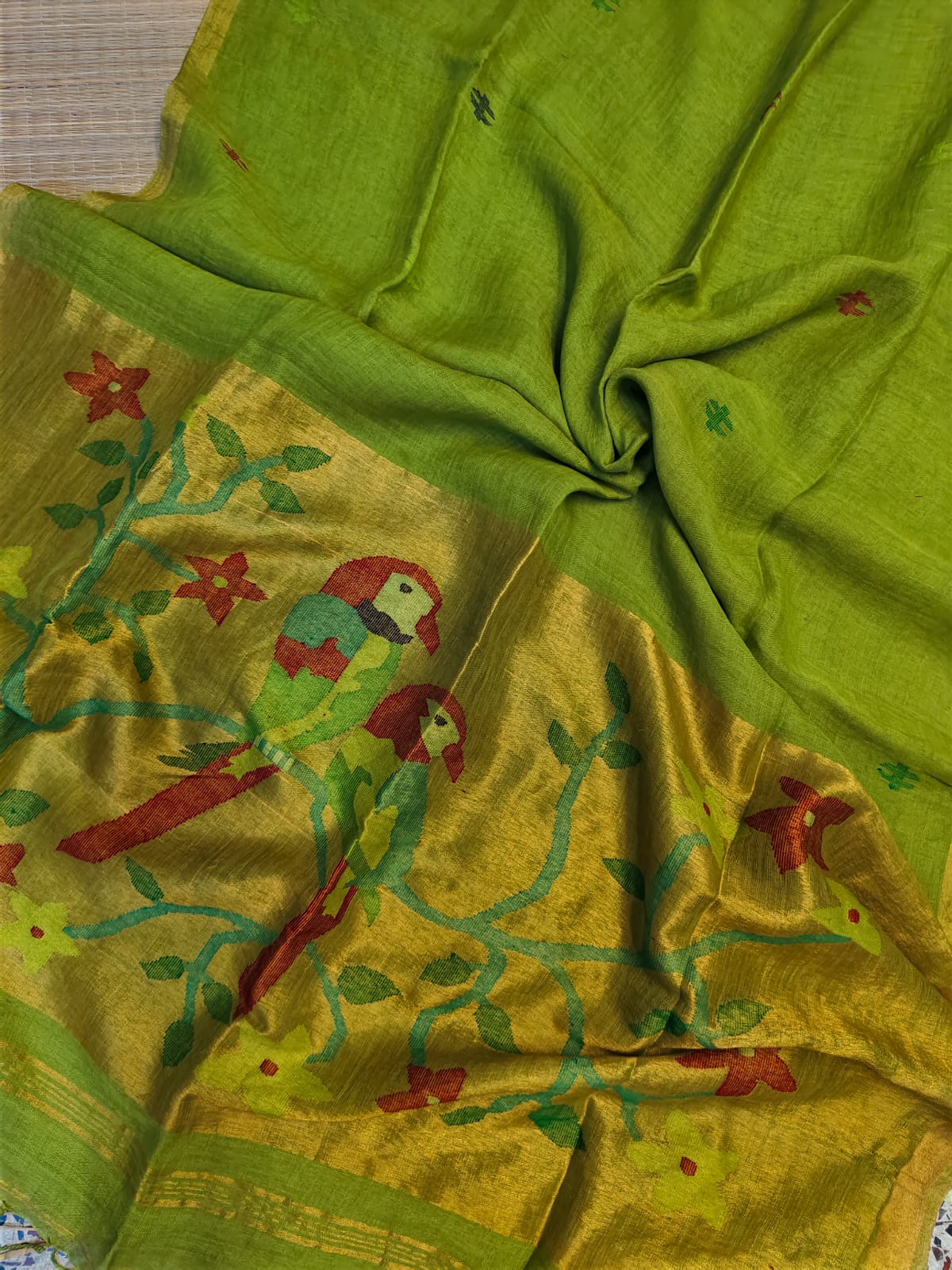 Kakatua Pure Linen Paithani Saree by Rihyaaz with matching blouse piece, elegant Paithani weave, premium linen fabric, custom colour options available, handcrafted ethnic wear.