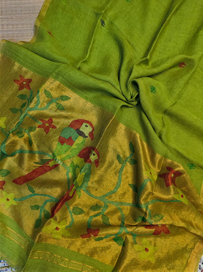 Kakatua olive Pure Linen Paithani Saree by Rihyaaz with matching blouse piece, elegant Paithani weave, premium linen fabric, custom colour options available, handcrafted ethnic wear.