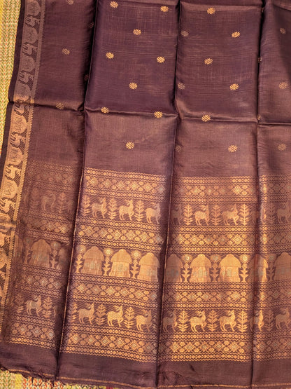 Hiran Dark brown pure Bengal Tussar silk Swarnachuri saree by Rihyaaz Fashions with running blouse piece.