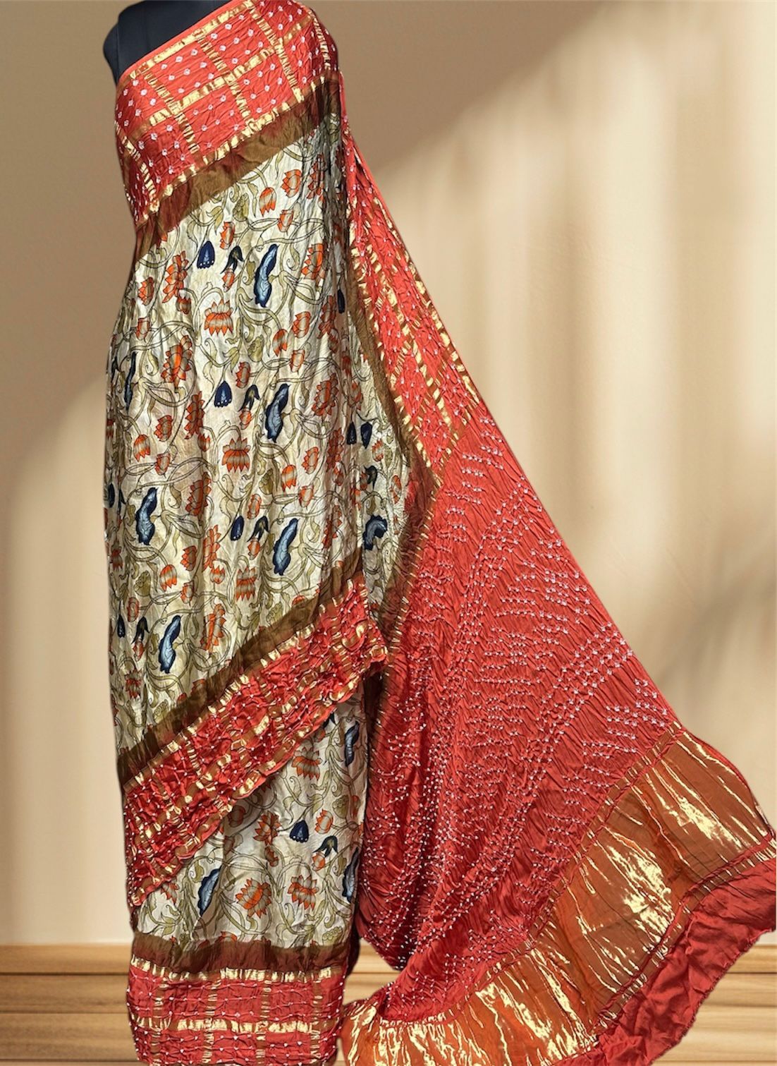 Kalamkari Bandhej Modal Silk Saree with Heavy Tissue Pallu | Digital Print Natural Dye |