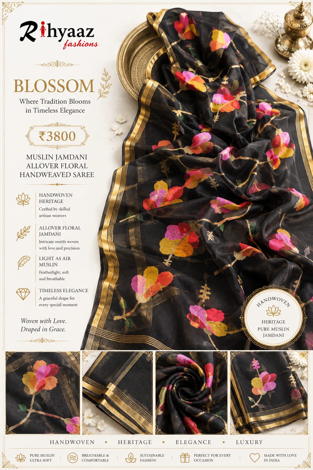 Blossom muslin Jamdani saree with allover floral handwoven motifs by Rihyaaz