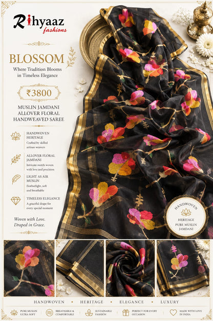 Blossom Muslin Allover Weaved Floral Motif Jamdani Saree by Rihyaaz 