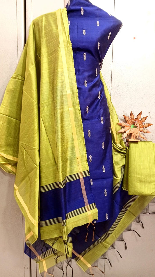 Semi Raw Silk Buta Design Unstitched Dress Material Set