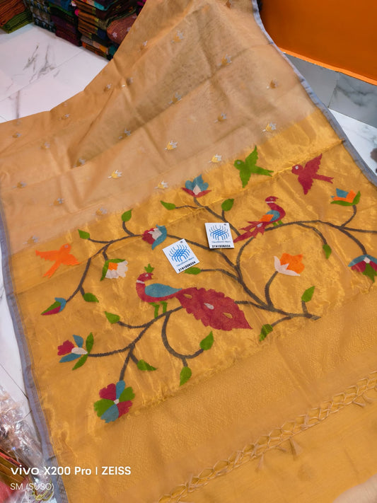 Sakhi zari lotus weaved muslin saree with paithani anchal
