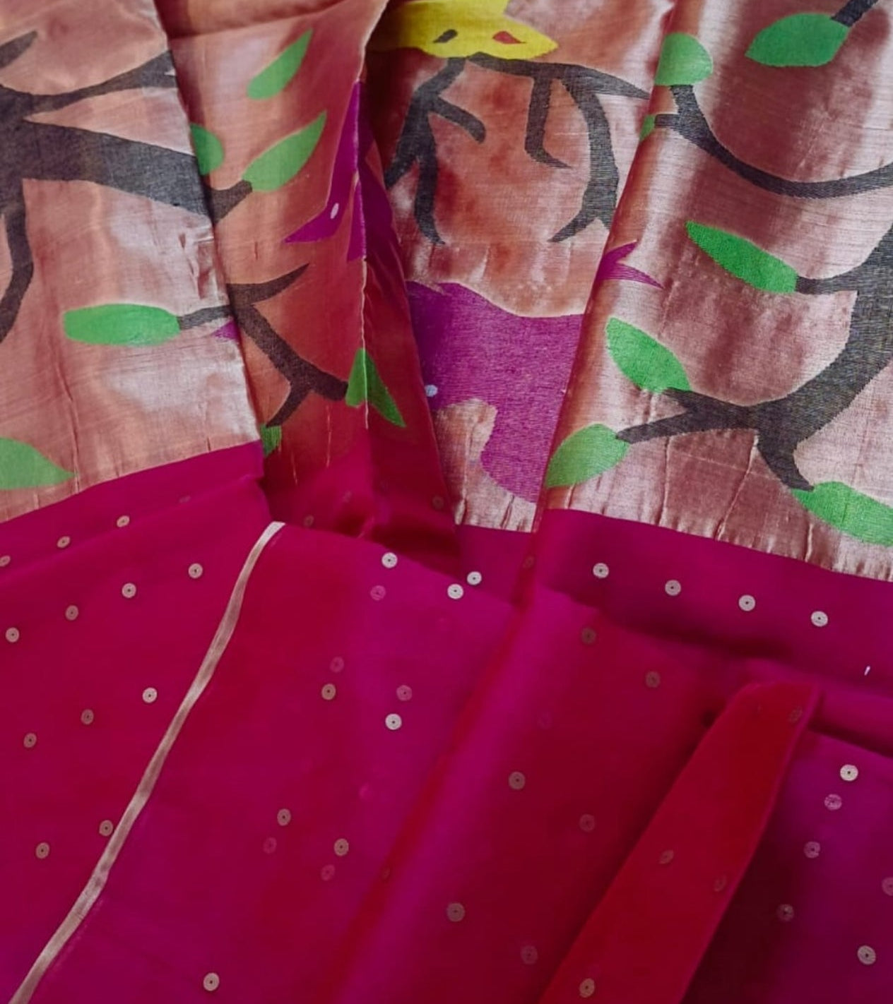 Goonj brass sequin embedded resham paithani saree