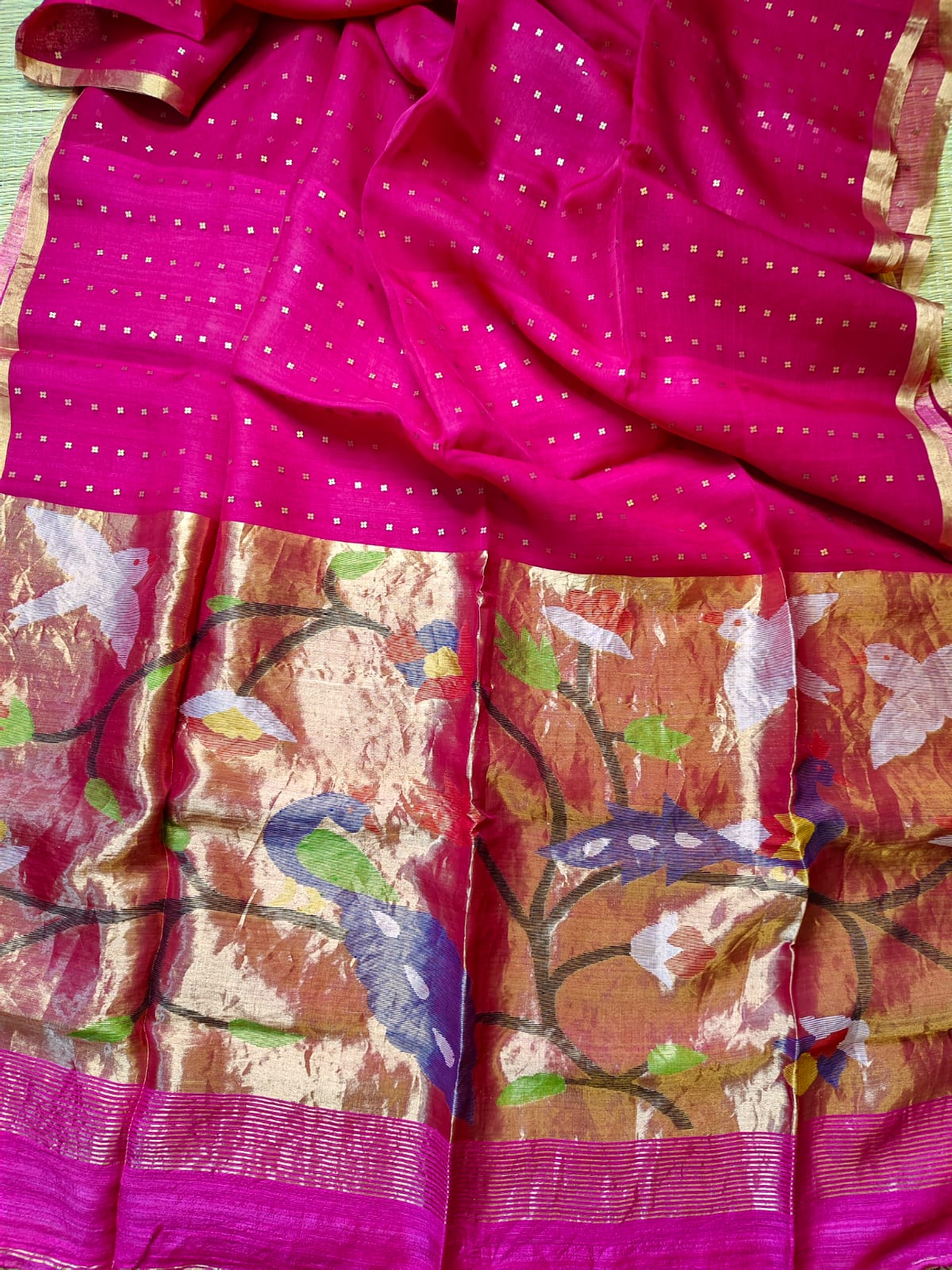 Aleya - 100% pure 4 ply by 4 ply resham silk sequins with tested zari paithani jamdani With pure reshom matka blouse piece