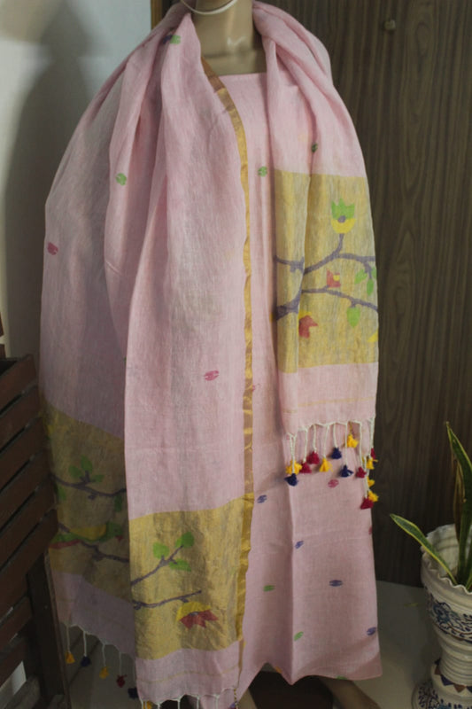 Gunjan – Pure Linen Broad Tissue Palla Needle Jamdani Suit