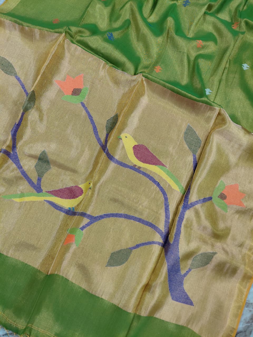 Rai Pure Cotton by Zari Tissue Acrylic Saree with Paithani Pallu by Rihyaaz, elegant handwoven festive saree featuring traditional Paithani weaving, lightweight cotton fabric, shimmering zari tissue finish, and premium ethnic wear for weddings and celebrations.