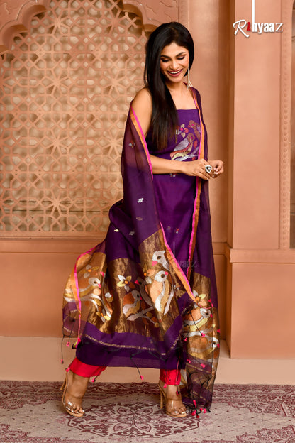 Tiya - Muslin dual zari weaved with bird motif jamdani suits
