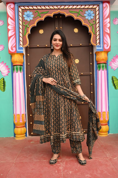 A-Line Anarkali Kurti Pant Set With Dupatta - Bagru Hand Block Printed | Pure Cotton Fabric | Customisable Sizes
