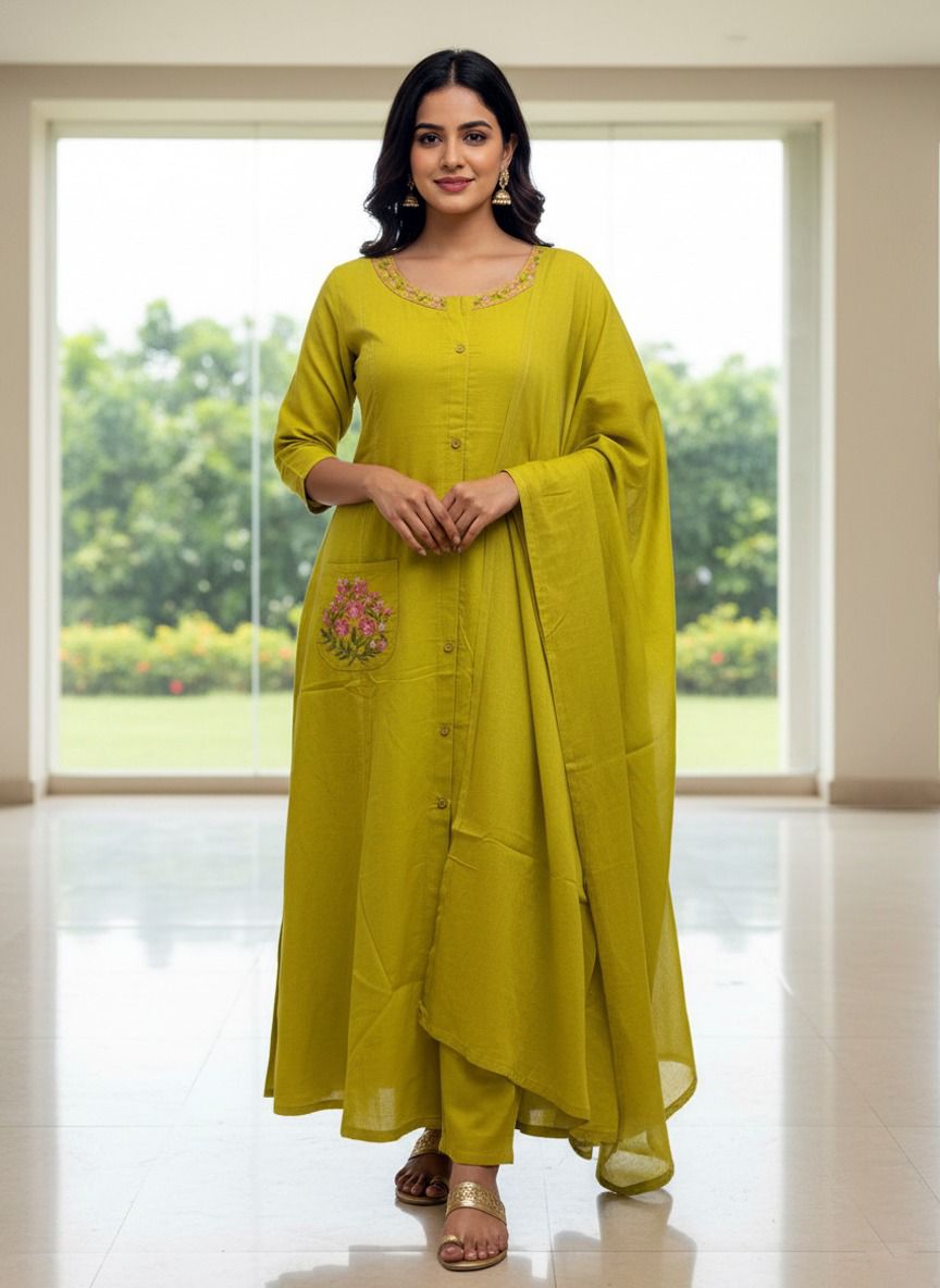 Kaavya – Elegant Flair Straight Kurta Set | Cotton Pant & Malmal Dupatta | Premium Embroidered Suit Set