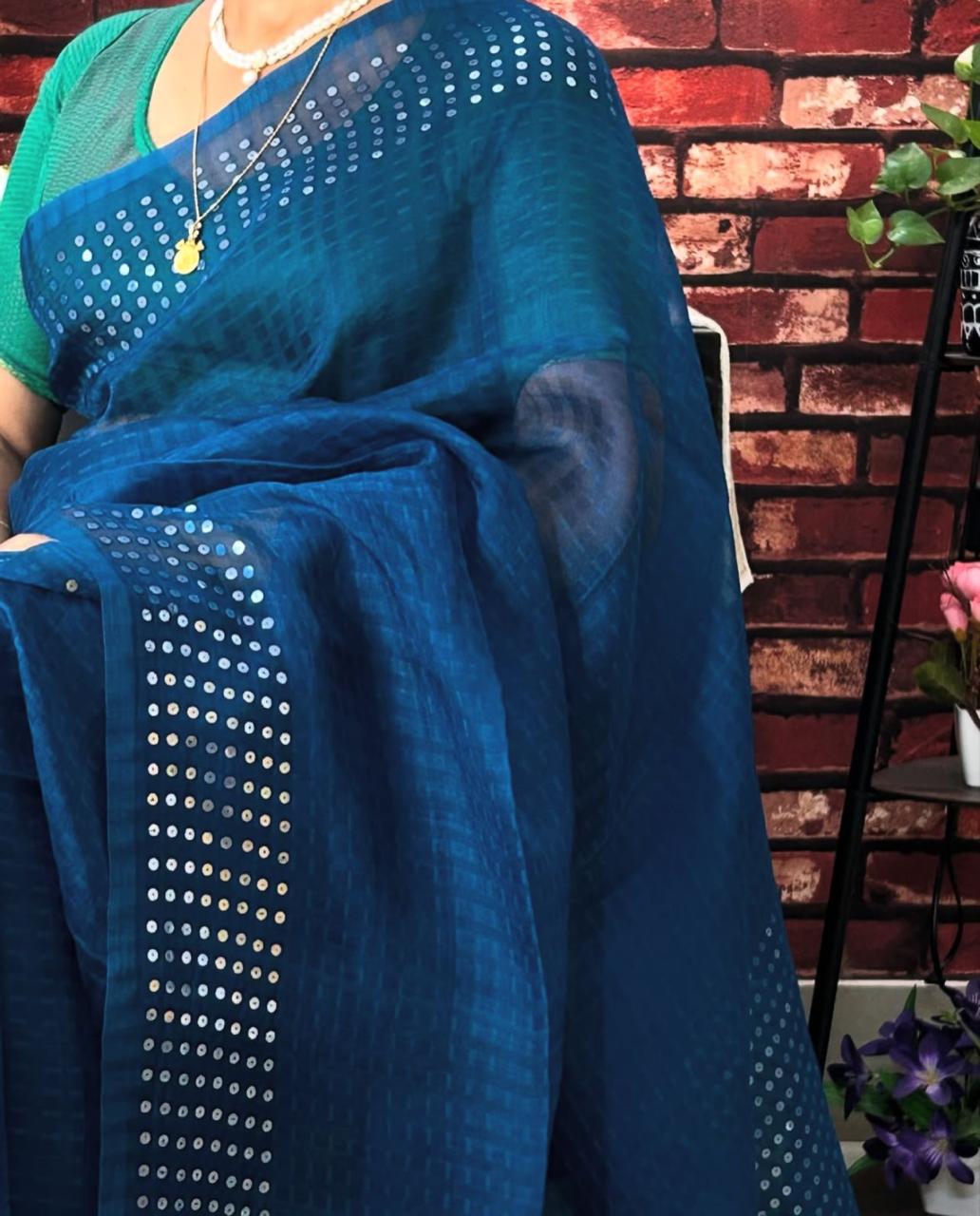 🌟 𝓒𝓱𝓪𝓶𝓪𝓴  – Authentic Pure Double-Ply Export Organic 360 Count Pocket Sequin Dye Saree | Pure Muslin Saree | By Rihyaaz