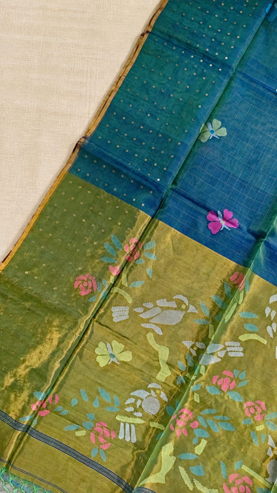 Titli by Rihyaaz – Beautiful muslin Paithani style needle work Jamdani saree with delicate sequins work and matching blouse piece, handcrafted for festive and occasion wear.