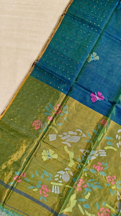 Titli by Rihyaaz – Beautiful muslin Paithani style needle work Jamdani saree with delicate sequins work and matching blouse piece, handcrafted for festive and occasion wear.