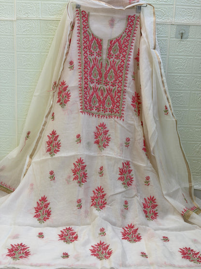 Mul Mul Chanderi Suit Set – Kurta & Dupatta | Fine Chikan Work | Colour-Dyeble Fabric