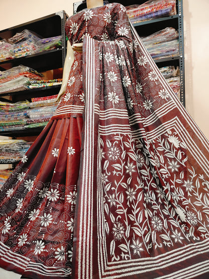 Traditional Shantiniketan Hand Kantha Stitch Saree in Blended Bangalore Silk | Rihyaaz