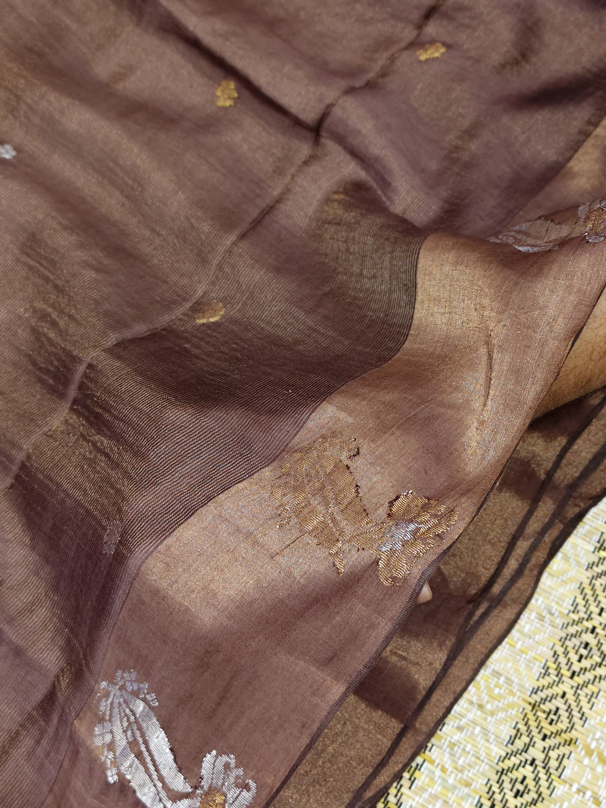 Sharanya dark brown premium handwoven tissue silk by modal saree with blouse piece by Rihyaaz Fashions, soft and lightweight designer ethnic wear.