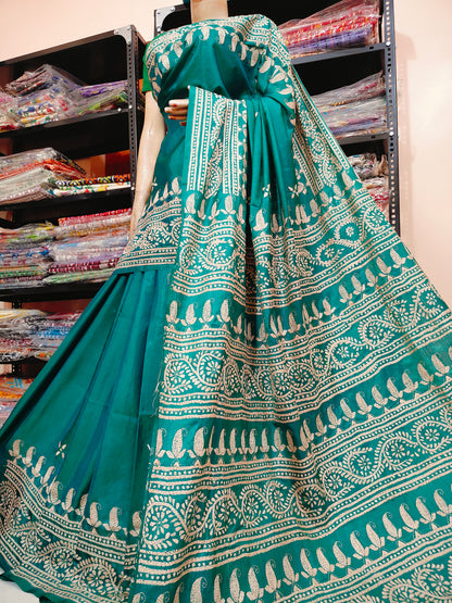 Traditional Shantiniketan Hand Kantha Stitch Saree in Blended Bangalore Silk | Rihyaaz