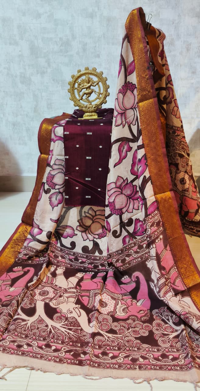 Ikkat Raw Silk Unstitched Dress Material with Kalamkari Dupatta
