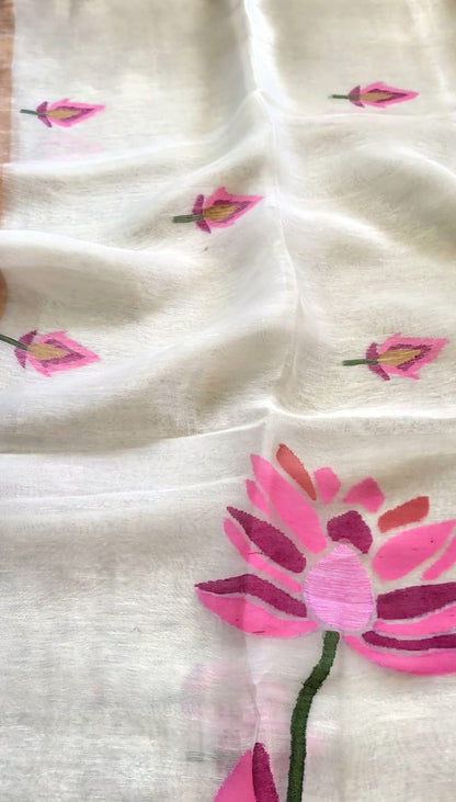 Sushma Pure Silk Jayashree Linen Saree by Rihyaaz featuring handwoven lotus needlework on premium Jayashree linen with pure silk. An elegant dyeable handloom saree ideal for weddings, festive celebrations, cultural events, and luxury ethnic wear.
