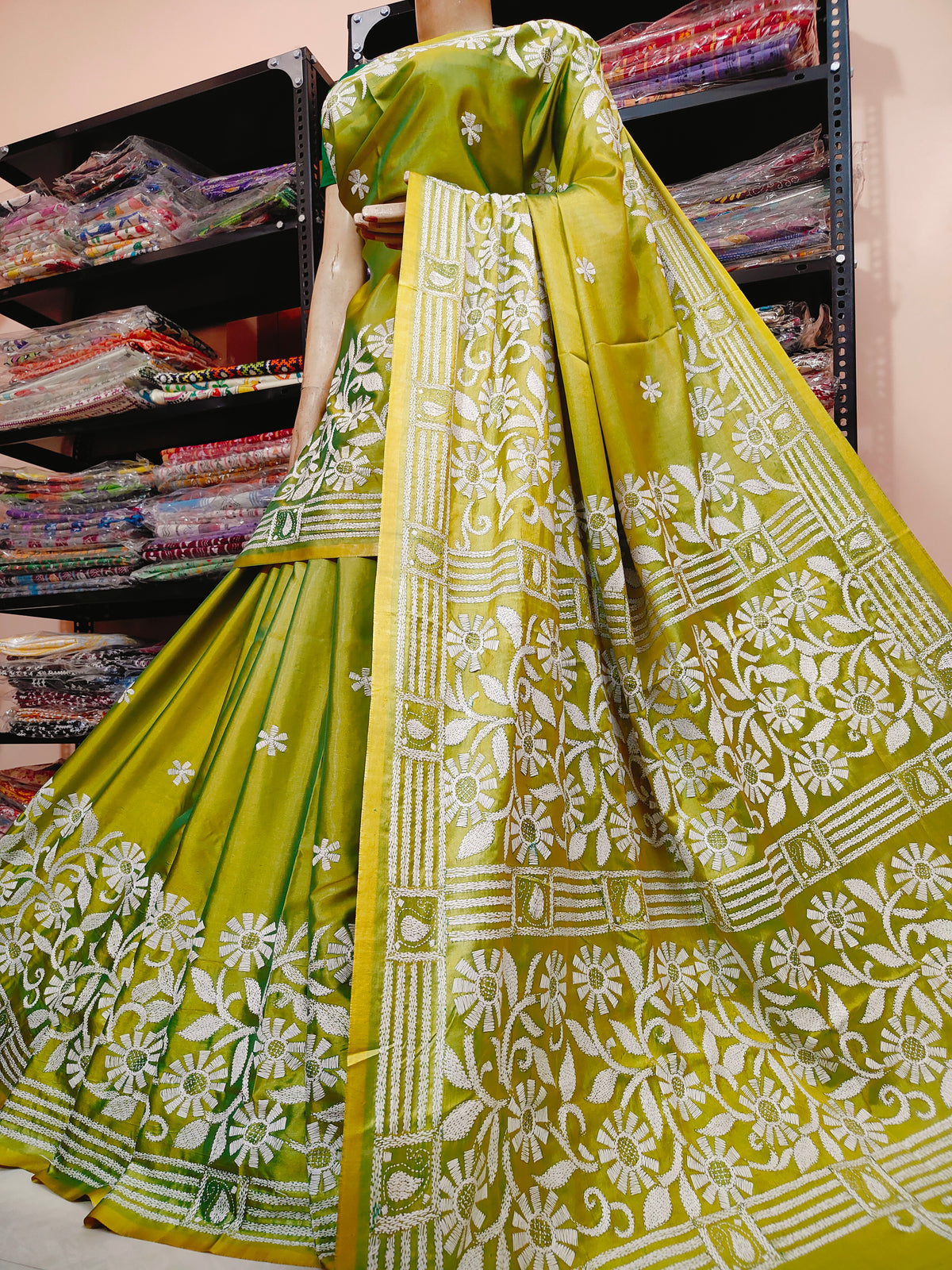 Traditional Shantiniketan Hand Kantha Stitch Saree in Blended Bangalore Silk | Rihyaaz
