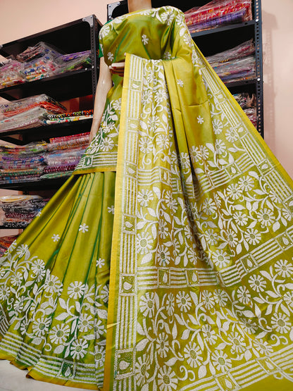 Traditional Shantiniketan Hand Kantha Stitch Saree in Blended Bangalore Silk | Rihyaaz