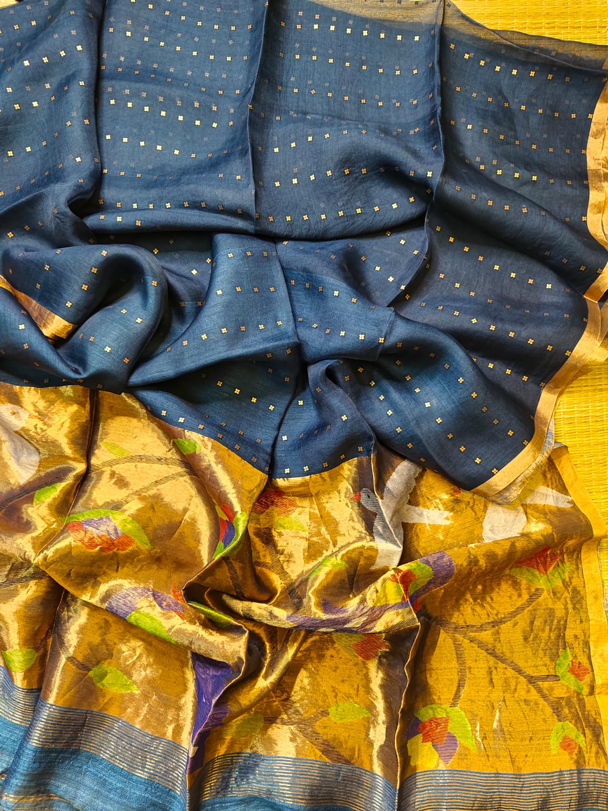 Aleya - 100% pure 4 ply by 4 ply resham silk sequins with tested zari paithani jamdani With pure reshom matka blouse piece