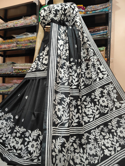 Traditional Shantiniketan Hand Kantha Stitch Saree in Blended Bangalore Silk | Rihyaaz