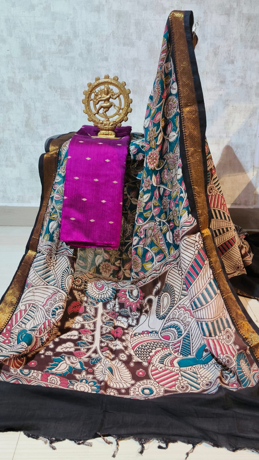 Ikkat Raw Silk Unstitched Dress Material with Kalamkari Dupatta