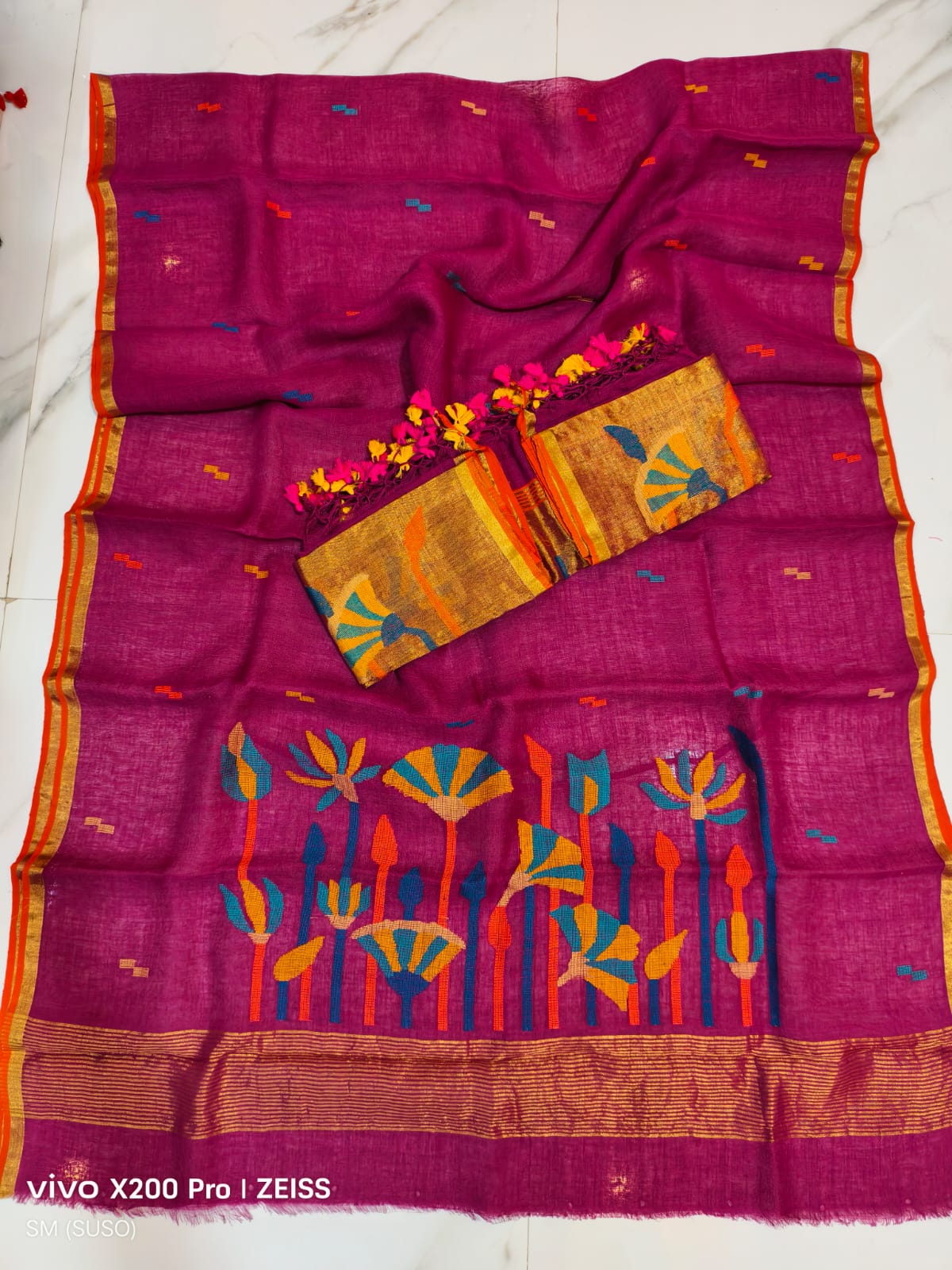 Premium Pichwai Tissue Linen Jamdani Suit with Zari Palla & Floral Zari Dupatta