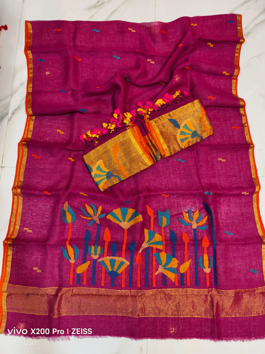 Premium Pichwai Tissue Linen Jamdani Suit with Zari Palla & Floral Zari Dupatta