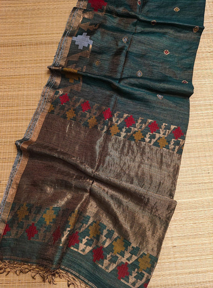 Qafiya - Handwoven Tussar Needle Jamdani saree by Rihyaaz featuring intricate woven motifs, premium Tussar silk fabric, elegant drape, and authentic Bengal craftsmanship for festive and wedding wear.
