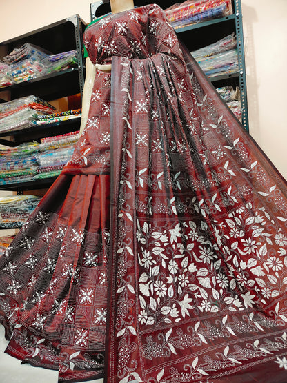 Traditional Shantiniketan Hand Kantha Stitch Saree in Blended Bangalore Silk | Rihyaaz