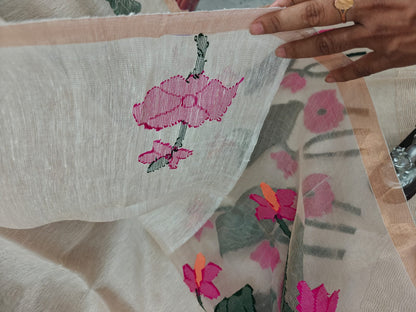 Saluk – Silk Linen Muslin Weaved Needle Jamdani Saree | Rihyaaz