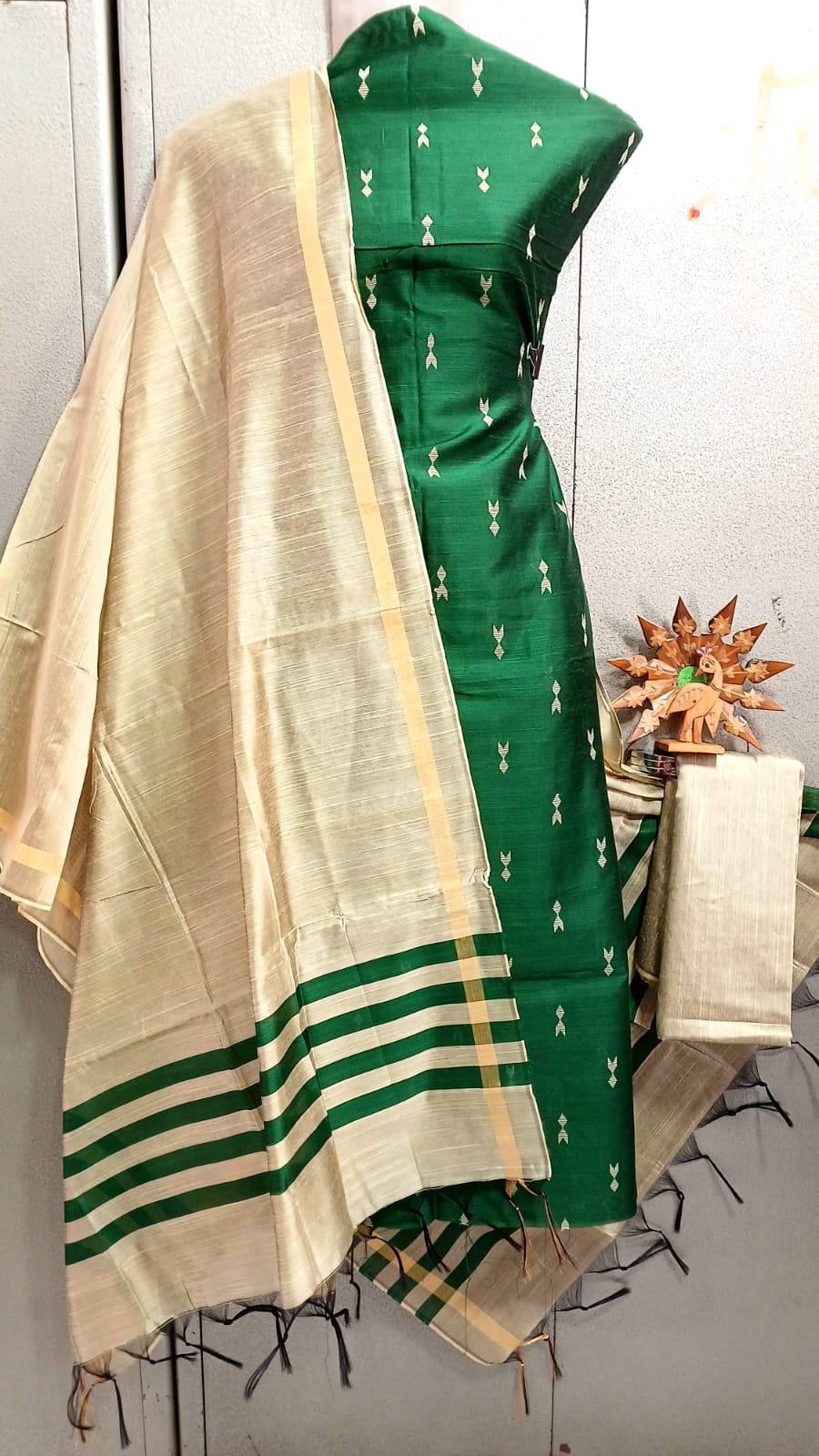 Semi Raw Silk Buta Design Unstitched Dress Material Set