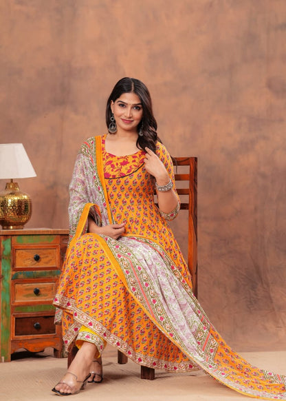 A-Line Anarkali Kurti Pant Set With Dupatta - Bagru Hand Block Printed | Pure Cotton Fabric | Customisable Sizes