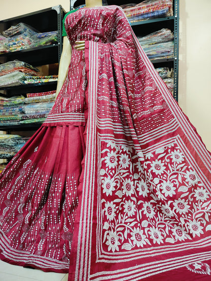 Traditional Shantiniketan Hand Kantha Stitch Saree in Blended Bangalore Silk | Rihyaaz