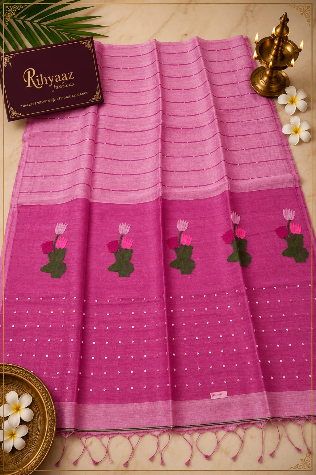 Tinka premium linen saree with resham tulip woven Jamdani anchal and all-over sequin detailing by Rihyaaz
