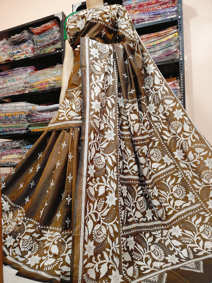 Traditional Shantiniketan Hand Kantha Stitch Saree in Blended Bangalore Silk | Rihyaaz