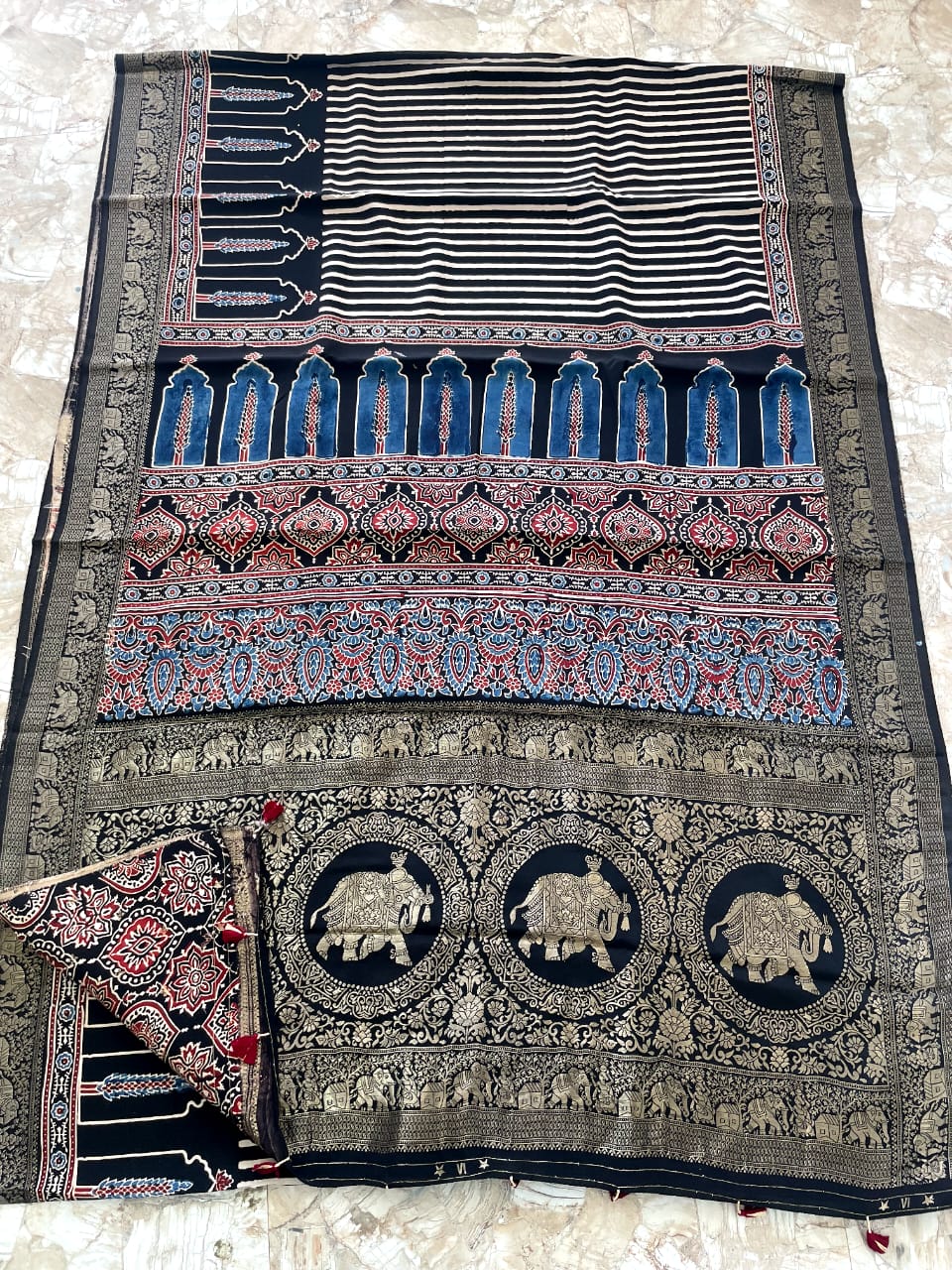 Dola Benarasi Pallu Ajrakh Hand Block Print Saree | Authentic Handloom Elegance