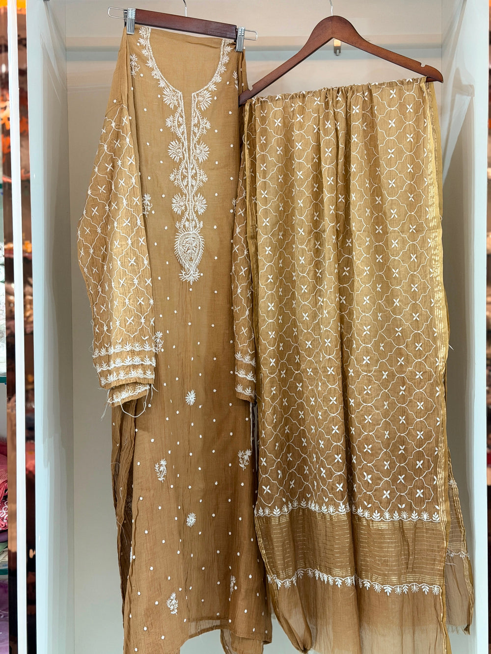 Pure Mulmul Chanderi Chikankari Straight Suit Set with Heavy Resham Jaal Work | Semi-Stitched | Rihyaaz