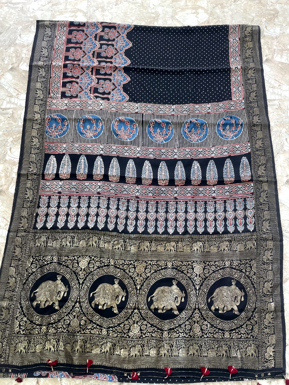 Dola Benarasi Pallu Ajrakh Hand Block Print Saree | Authentic Handloom Elegance