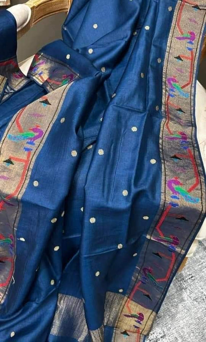 Pure Handloom Tussar Silk Suit - Exquisite Embroidery Border | Premium Weave | Silk Mark Certified