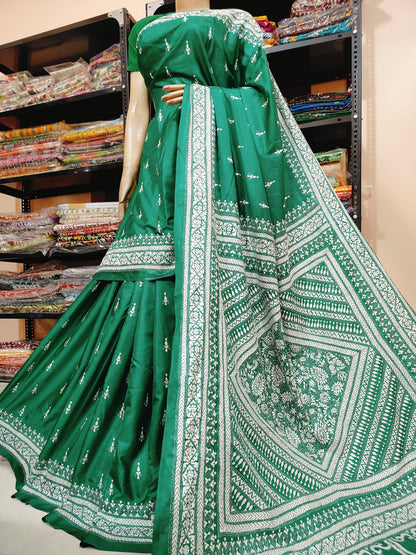 Traditional Shantiniketan Hand Kantha Stitch Saree in Blended Bangalore Silk | Rihyaaz