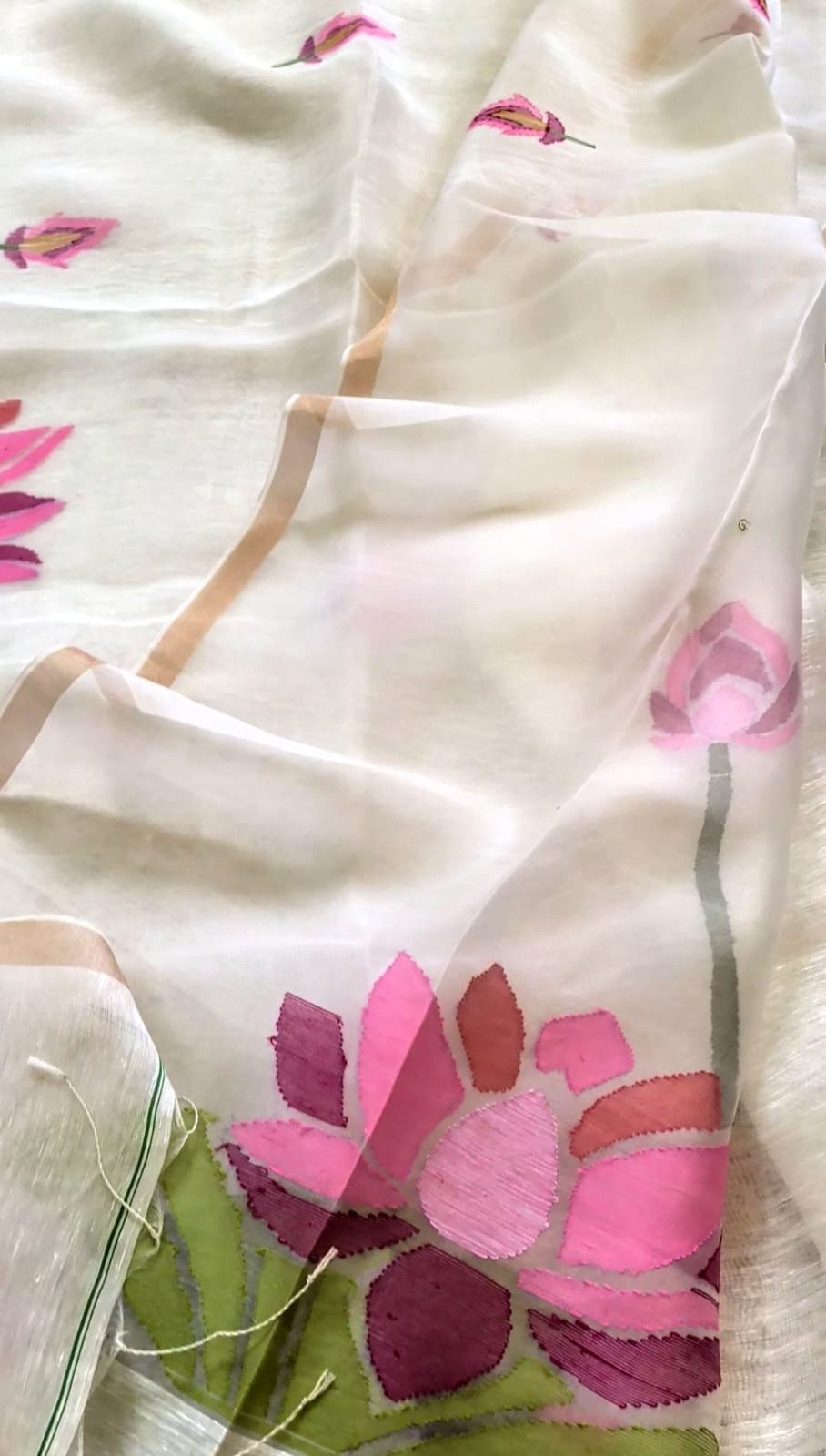 Sushma Pure Silk Jayashree Linen Saree with Handwoven Lotus Needlework | Dyeable | Rihyaaz