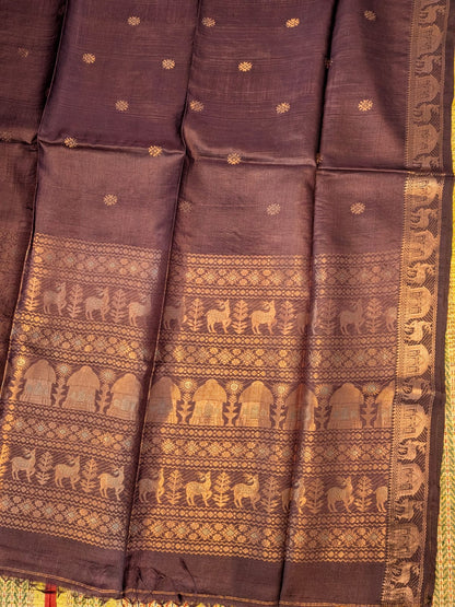Hiran Dark brown pure Bengal Tussar silk Swarnachuri saree by Rihyaaz Fashions with running blouse piece.