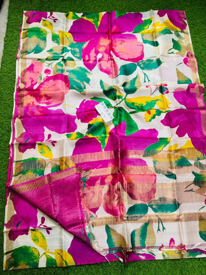 Pure Handloom Tussar Silk – Digital Print & Hand-Painted Saree (Silk Mark Certified)