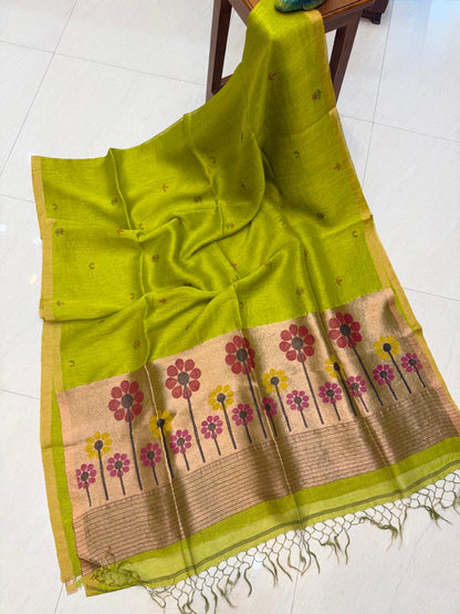 Authentic Lime Green premium tissue silk linen flower Motif Paithani saree by RIHYAAZ with running blouse piece, soft elegant traditional handloom design.