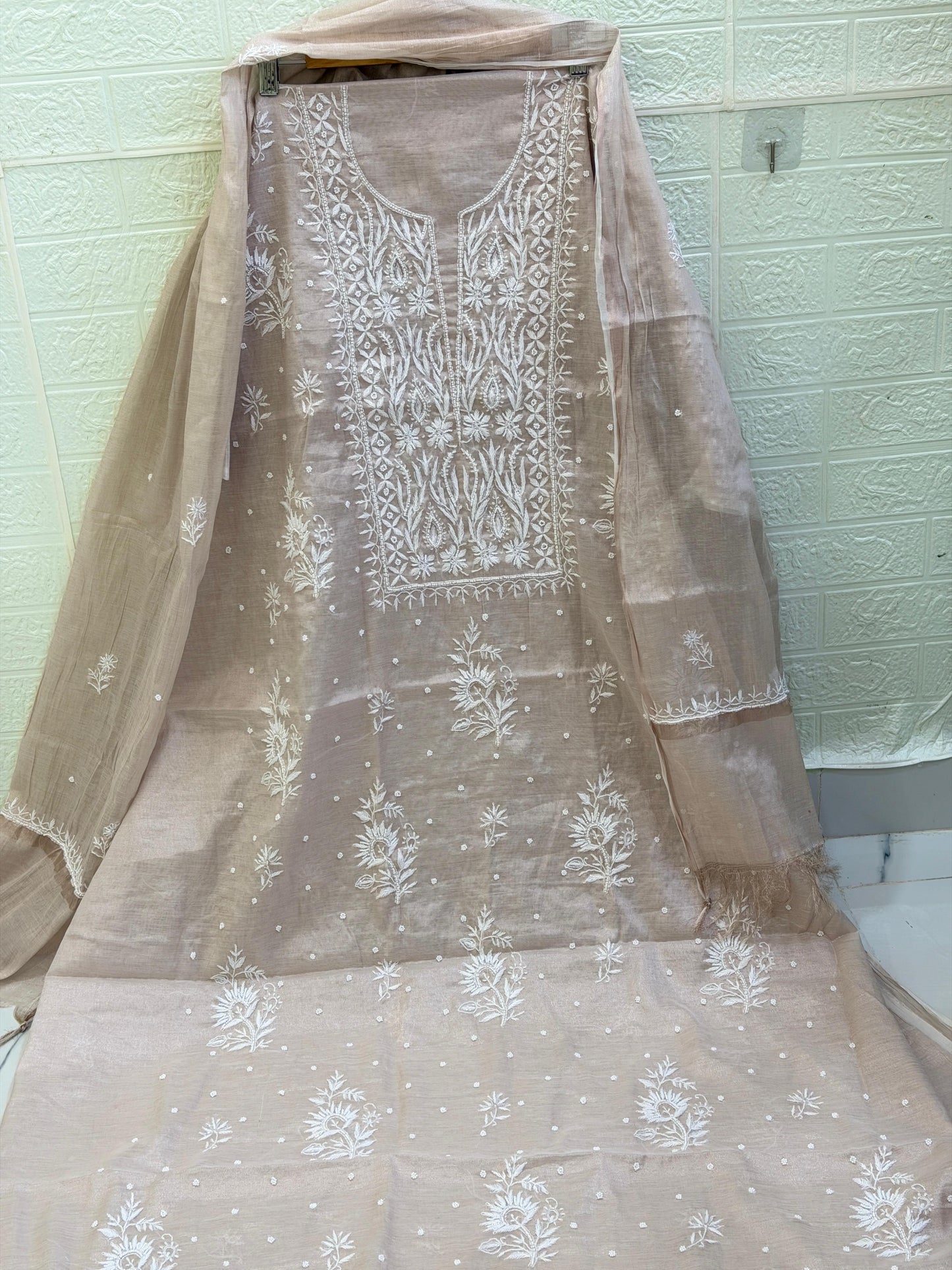 Fabric Rose Gold Tissue Chanderi Suit Set | Chikan Fine Work | Pearl & Cutdana Detailing | Dyeable Fabric