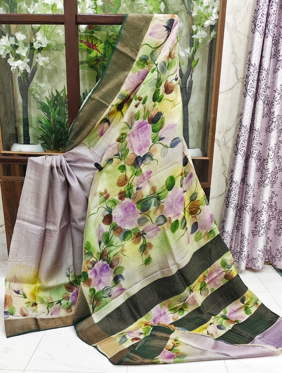 Sparsh – Hand-Painted Bishnupuri Tussar Saree with Zari Border